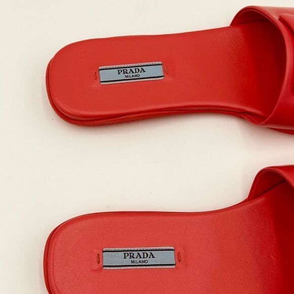 Prada Women’s Sandals Coral Logo Triangle Sandals 37.5. 7.5 women’s NEW - Picture 6 of 7